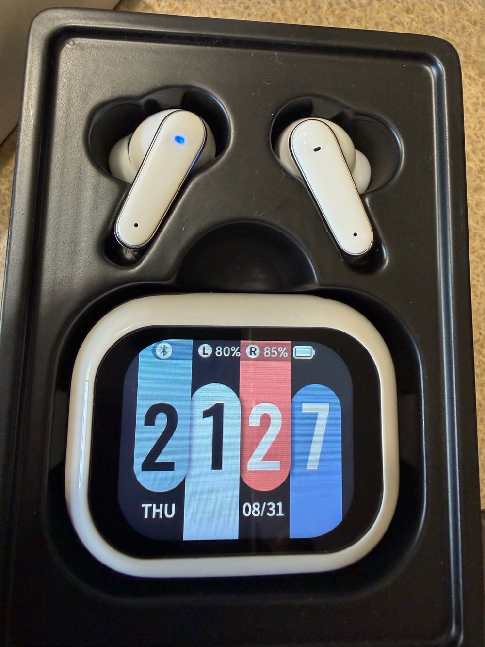 On-Ear White Wireless Headphones with Smart Display Charging Case